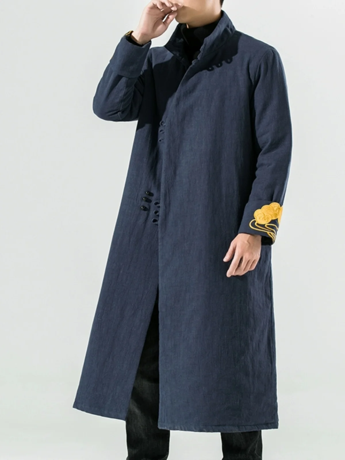 

Thiened Long Chinese Sle Cotton Robe Men's Stand Collar Embroidery Zen Tea Cotton Clothes Home Hanfu Cotton Coat
