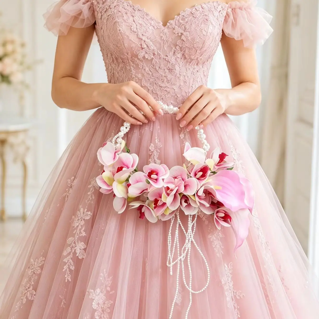 1 Piece of Vintage Soft Pink Butterfly Orchid Bouquet, Elegant Pearl String Tassel Bouquet
