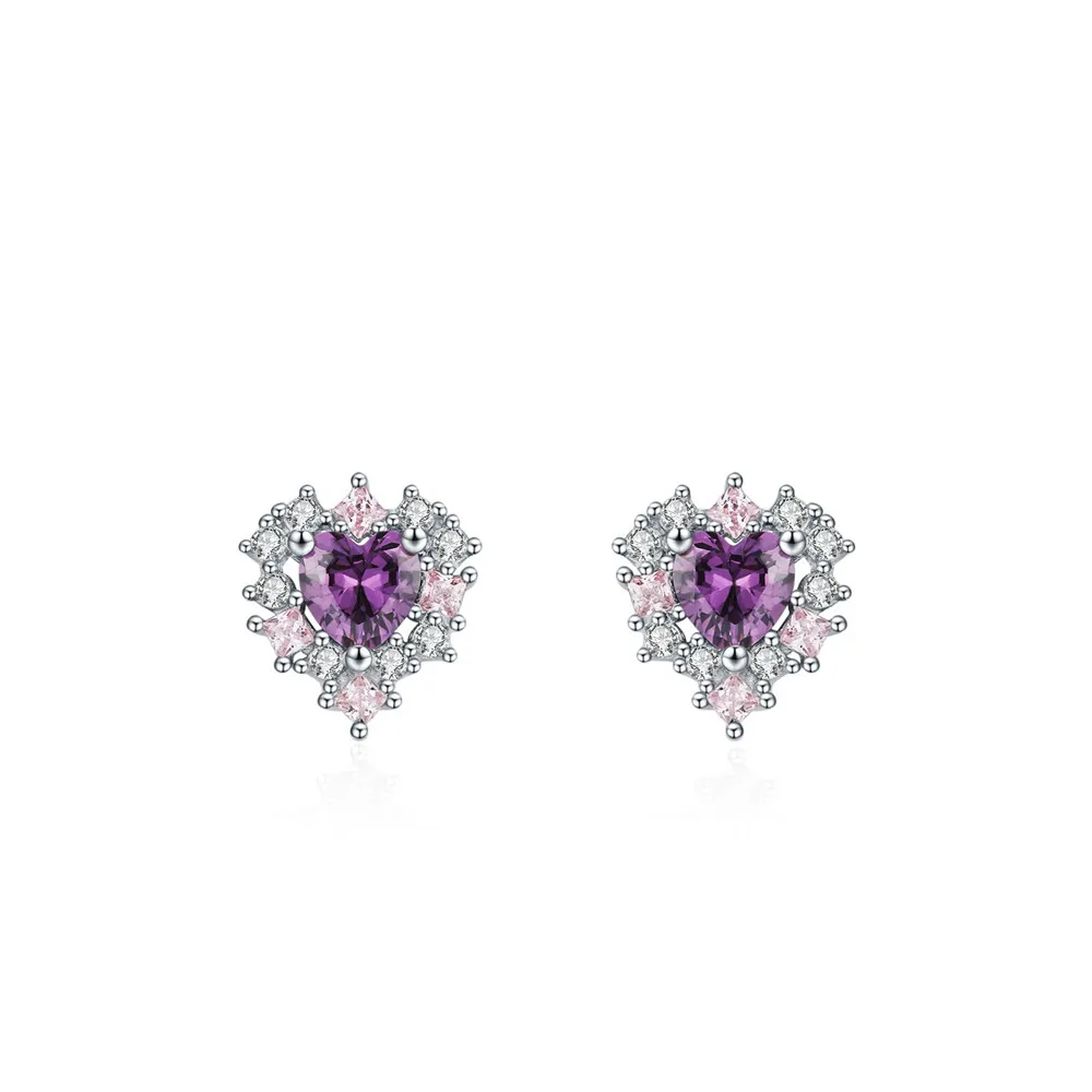 

S925 Silver Purple Heart Zircon Earrings - New Style Super Shiny Sweet, Versatile Ins Style Exquisite Stud Earrings