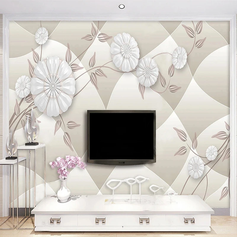 

Custom Any Size Wall Cloth Modern 3D Stereo White Flower Jewelry Mural Living Room TV Cafe Background Wall Decor Papel De Parede