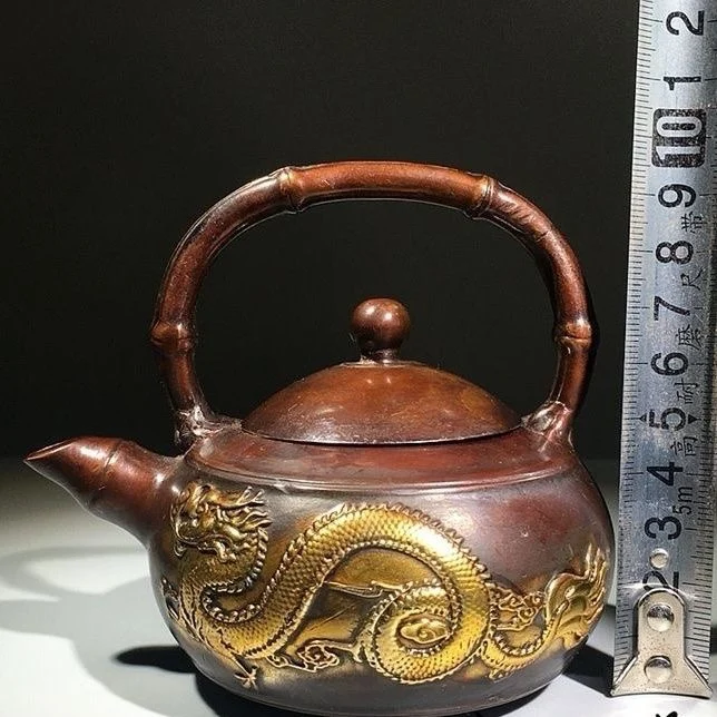 Daqing Qianlong чистая медь позолоченный ежегодный дракон и феникс чайник горшок для вина медный горшок объект антикварный чайник подъемная балка антикварный