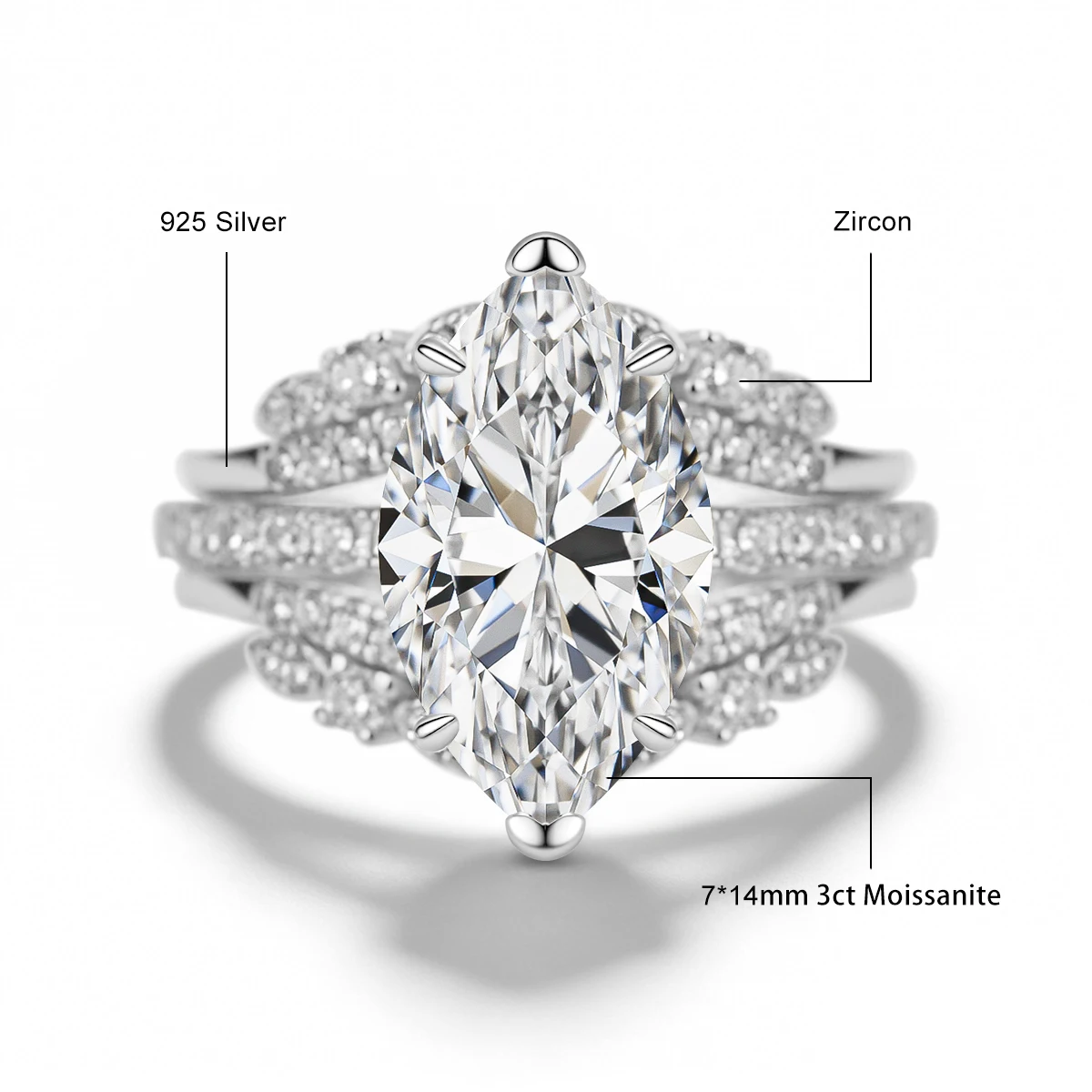 Halo-Verlobungsring-Set für Damen, 925 Sterling Silber, Marquise-Schliff Moissanit, Ehering, Brautschmuck – Detail 1