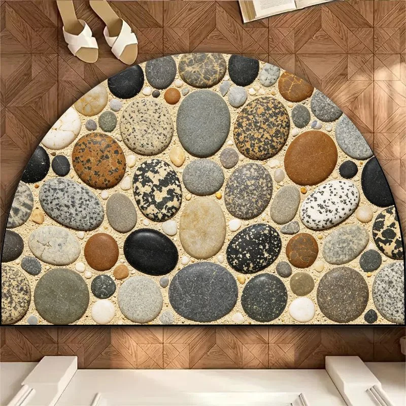 VIKAMA Speckled Mixed Pebble Half Round Bath Mat, Non‑Slip Water Absorbent Natural Stone Bathroom Floor Rug