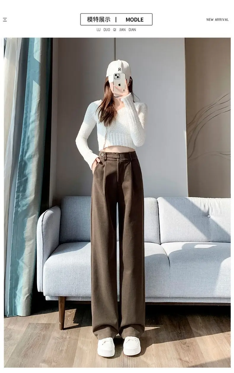 Brown Woolen High-end Suit Pants for Women in Autumn and Winter 2023 New Narrow Version Straight Wide-leg Pants with Drape