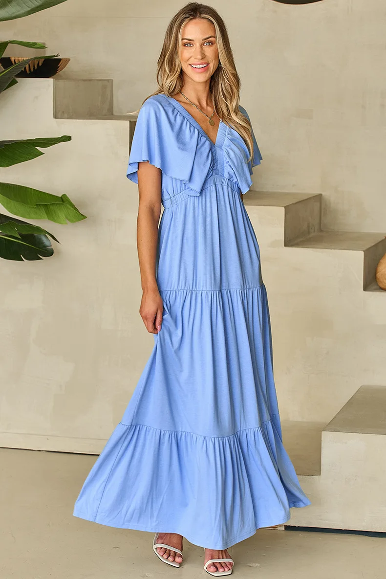 

2025 Summer New Solid Color Long Dresses Women Bohemian Holiday Style Ruffled Backless Short-sleeved Dress Female Beach Dress