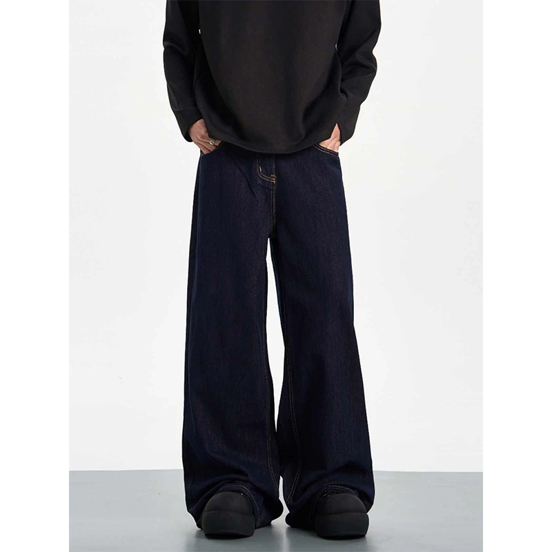

Deep Blue Straight Leg Jeans Men Women High Street Basic Loose Wide Leg Floor Length Trousers Retro American Sle Casual Jeans