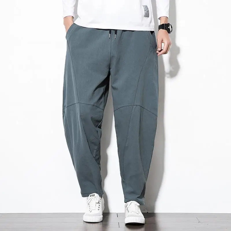 Fashion Men Oversized Linen Wide Pants Spring Autumn Koreon Vintage Streetwear Male Elastic Waist Casual Big Size Solid Trousers