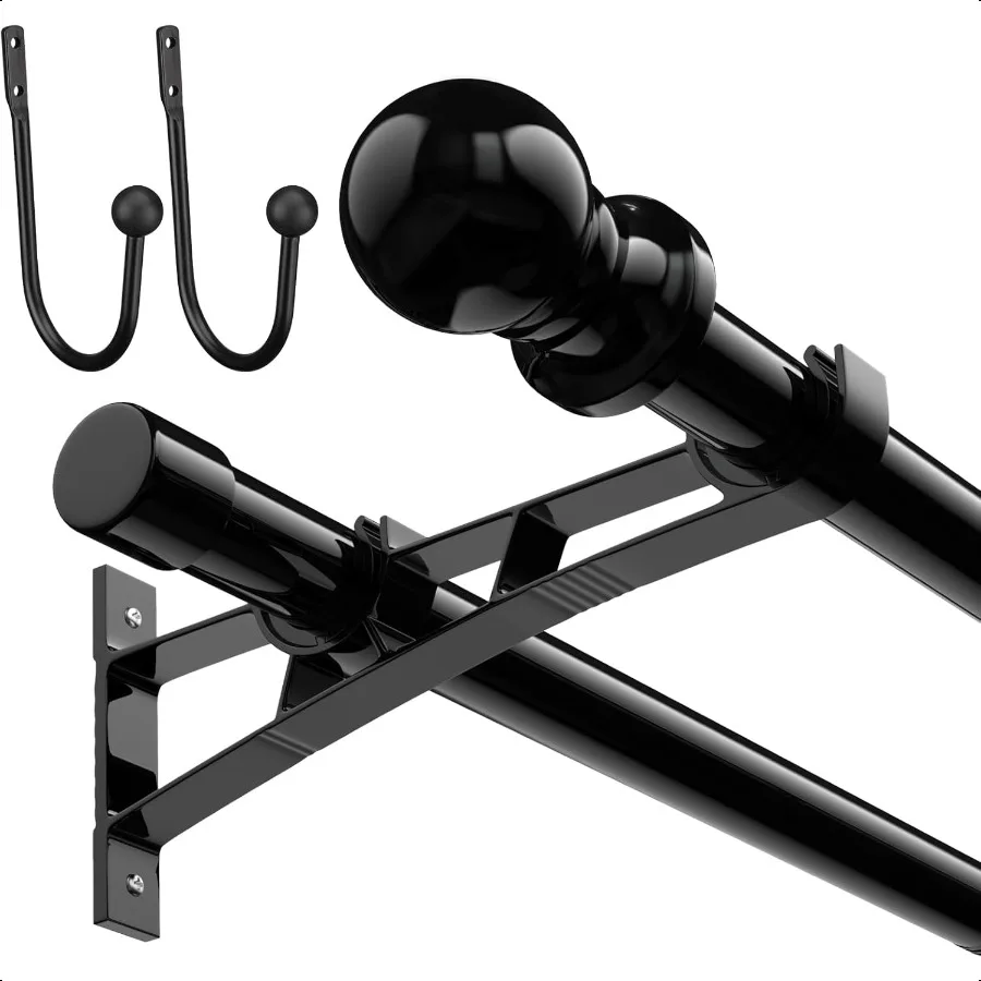 

Double Curtain Rods 28 to 44 Inch Black 1 Inch Heavy Duty Dual Curtain Rod Set for Windows Drapery Rod Splicing Rods Adjustable