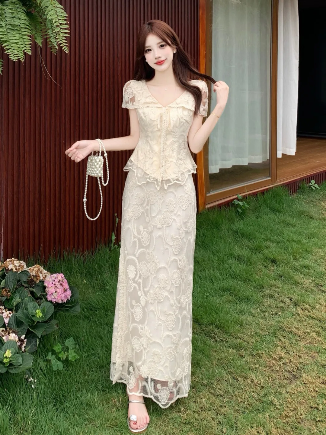 

plus Size Summer New Chinese Style Embroidered Hollow out Lace High Waist Skirt Set Women's Fashion Casual Breathable Two-Pie...