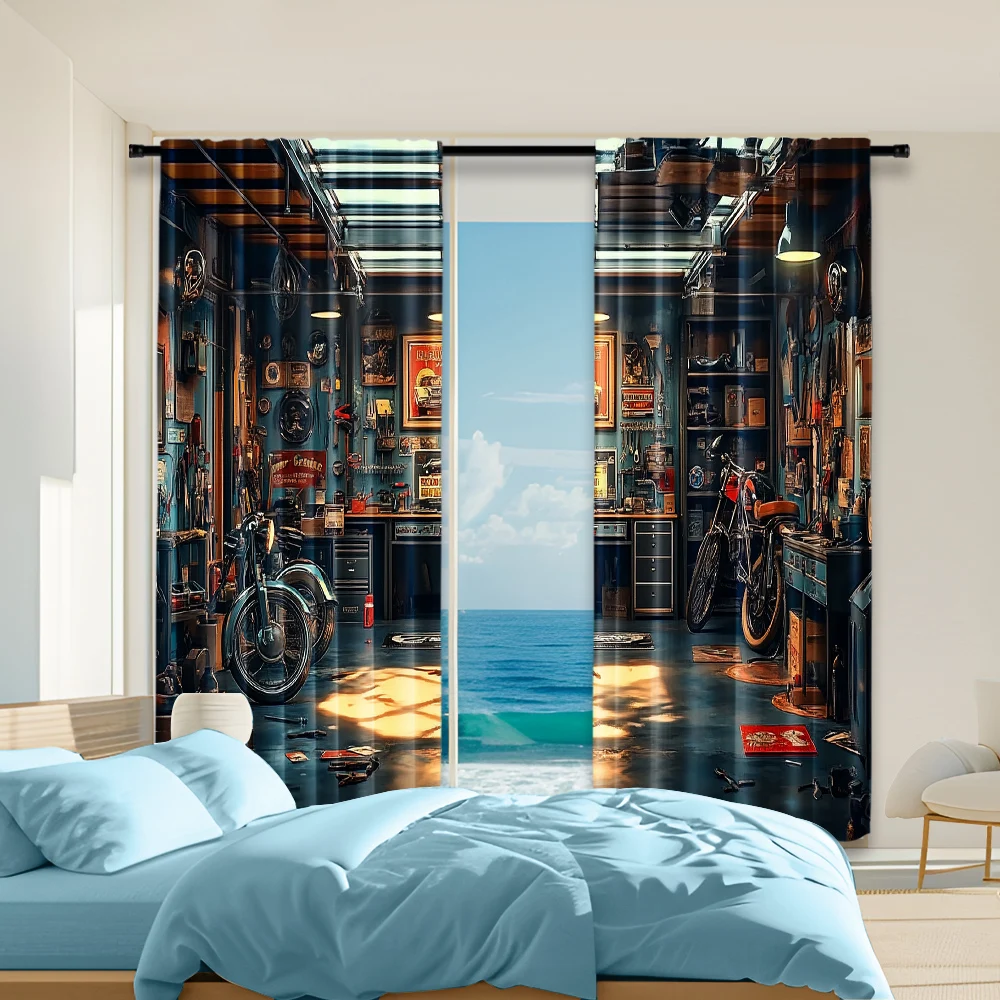 

2 pcs, versatile polyester transparent curtains for home decoration Vintage Car & Tools Garage for use in bedrooms and living