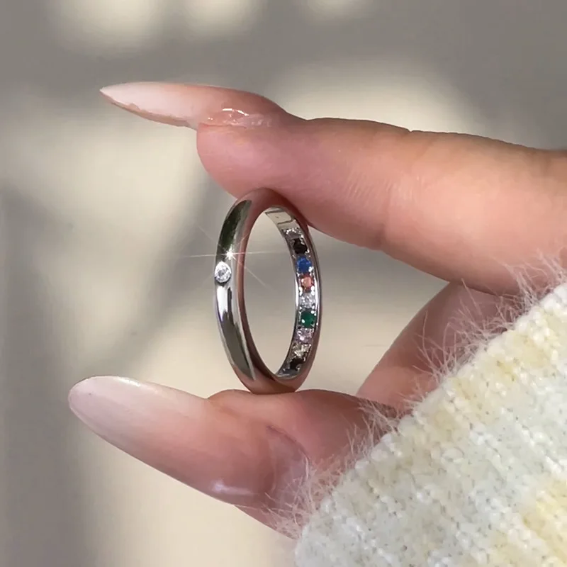 925 Sterling Silver Jewelry Simple Rainbow Rhinestone Crystal Finger Rings for Women Wedding Party Jewelry For Girls Friend Gift