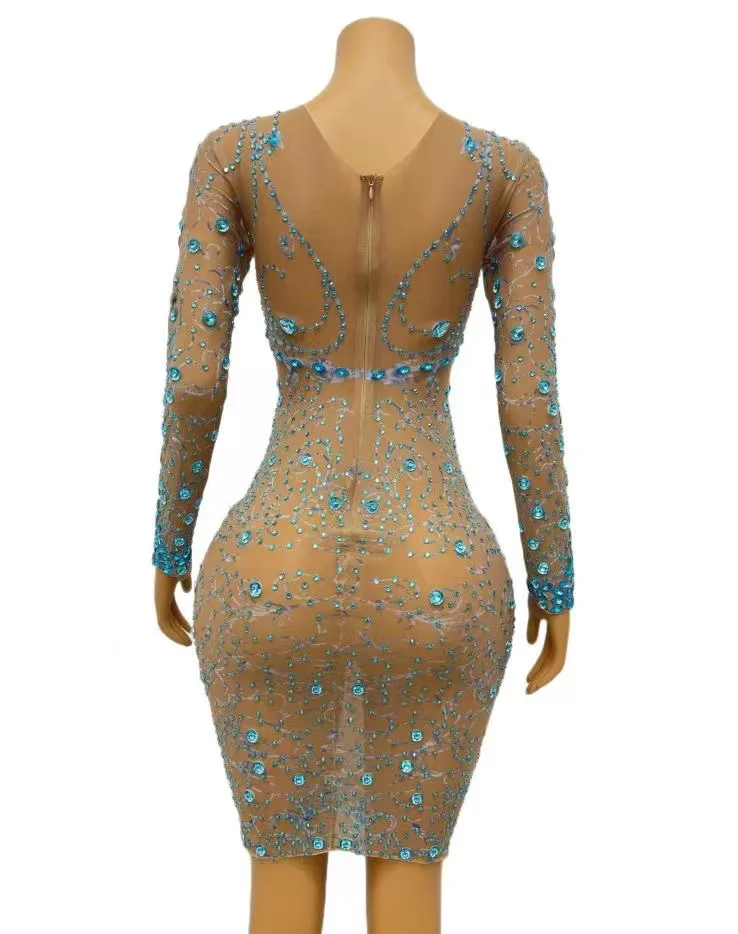 Vestido transparente de manga larga con diamantes de imitación azules brillantes para escenario, disfraz para sesión de fotos elástico para celebración de cumpleaños y noche
