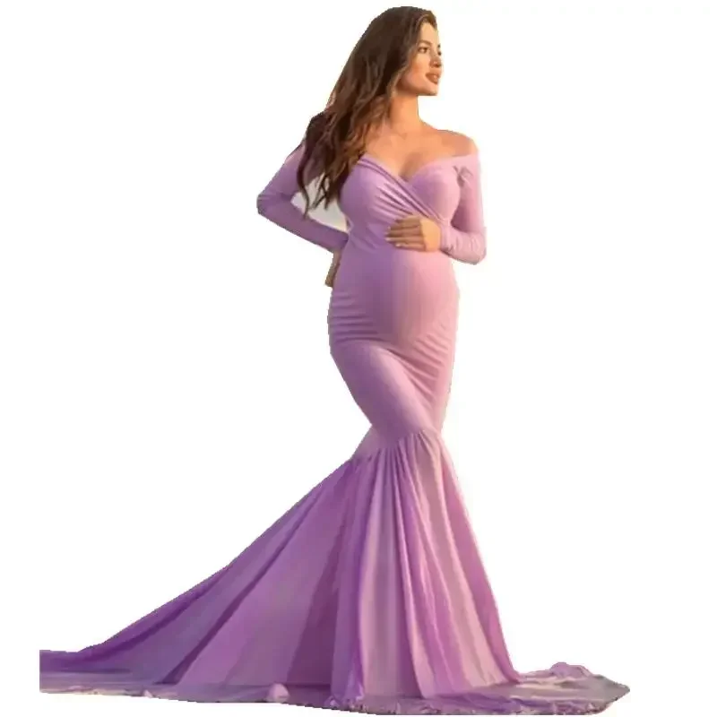 Vestidos de maternidad sexys sin hombros para Sesión de fotos, maxivestido de maternidad para mujeres embarazadas, Baby Shower, color púrpura