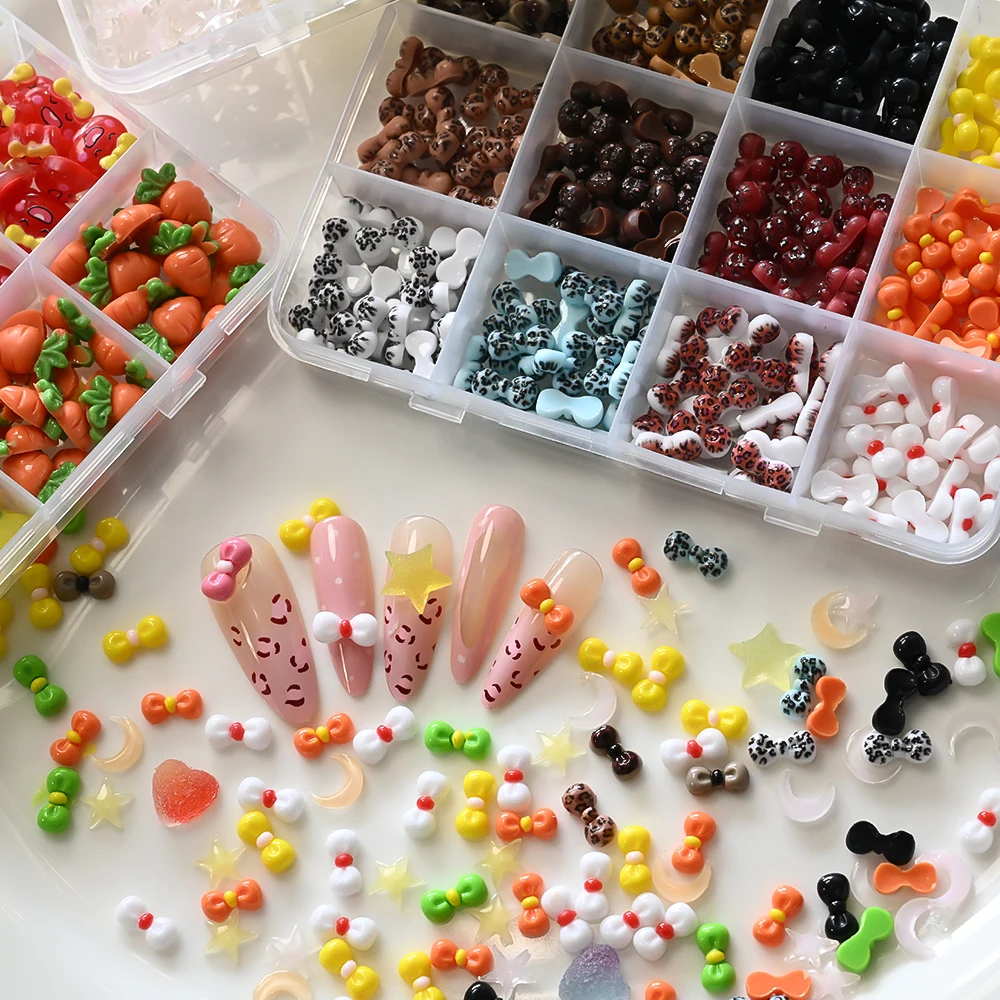 12Grid 3D Gemengde Mini Boog Nagel Charmes Hars Strik Hart Bloem Nail Art Decoraties Fruit/Groente Strass DIY nagel Ambachten