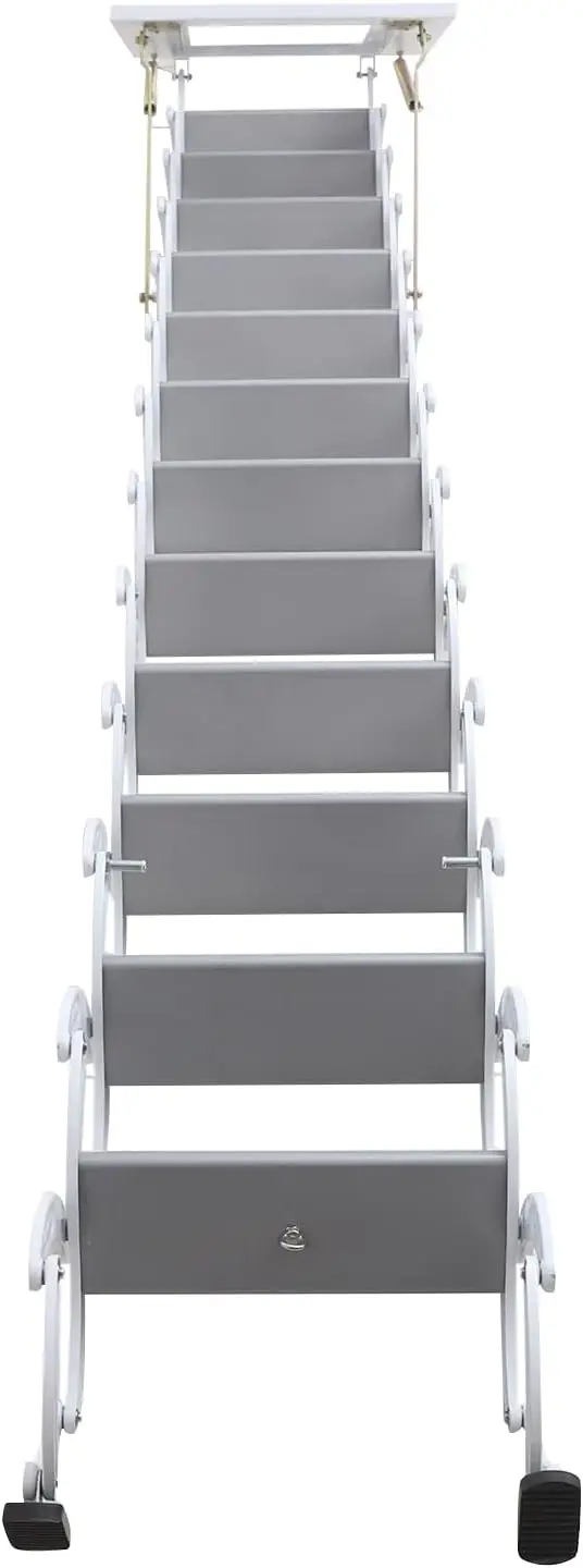 882 Lbs Wall Mounted Folding Ladder, 12 Steps Folding Attic Ladder Loft Stairs, Retractable Attic Ladder With Armrests 9.8 Feet