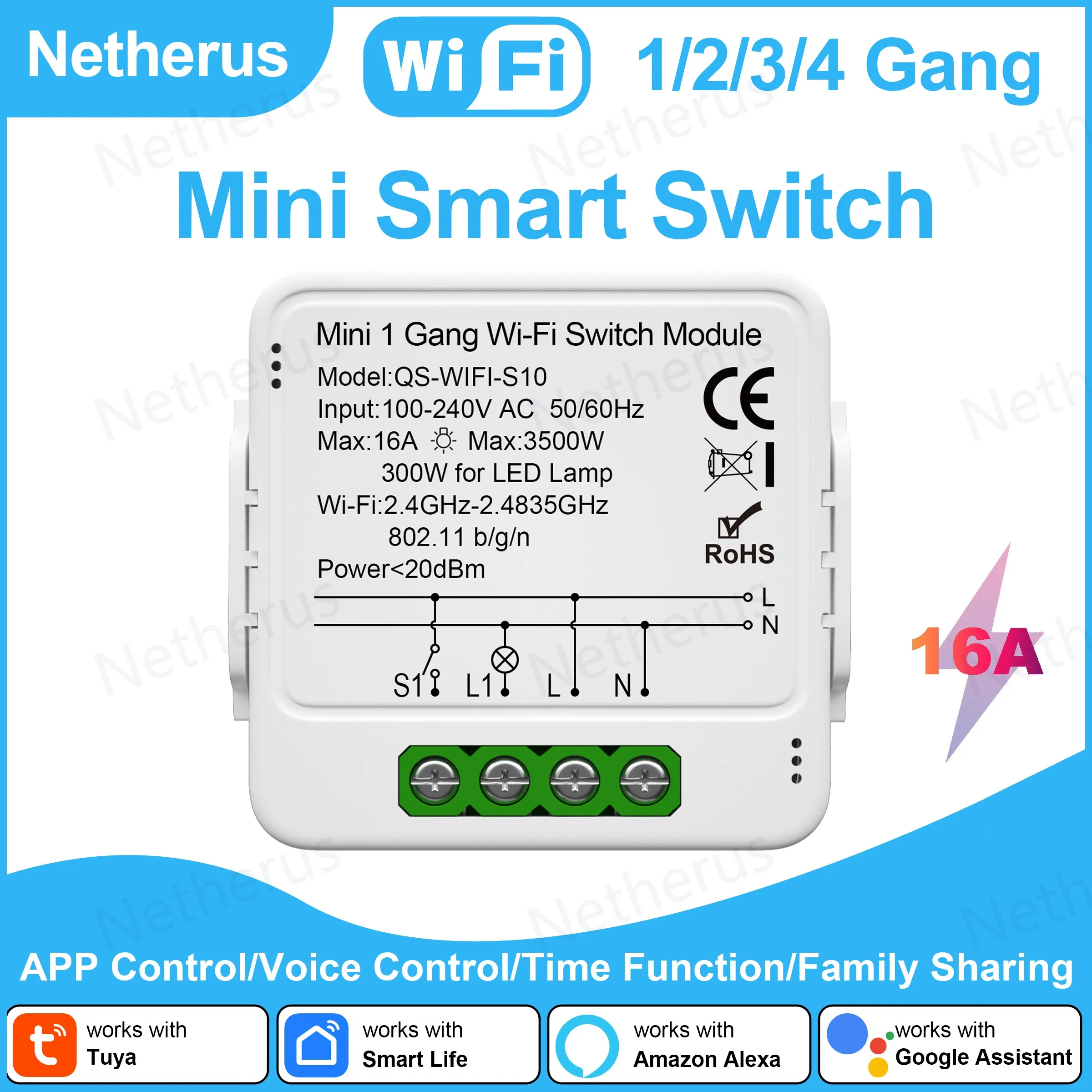 

Модуль умного переключателя Tuya Wi-Fi 1/2/3/4 Gang Control, мини-выключатель 16A, умная жизнь, работает с Alexa Google Alice