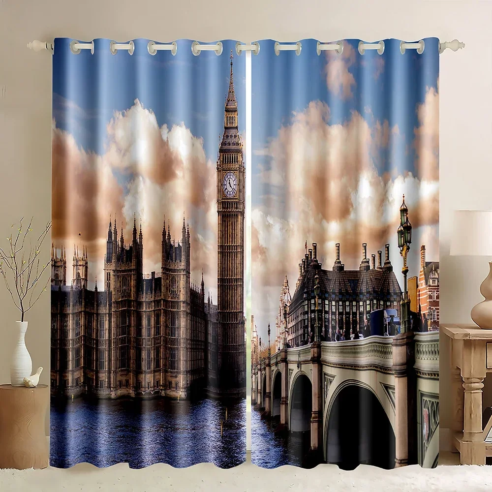 Cortinas para Ventanas con Diseño de Edificios de Londres, Big Ben, Torre de Inglaterra, Cortinas Opacas Retro con Temática de Londres, Paisaje de Viaje, Ciudad Famosa