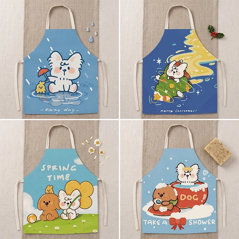 

Spring Time Cute Cartoon Dog Cotton Linen Apron Women Men Kitchen Cooking Baking Bib Sleeveless Pinafore Cleaning Accessories