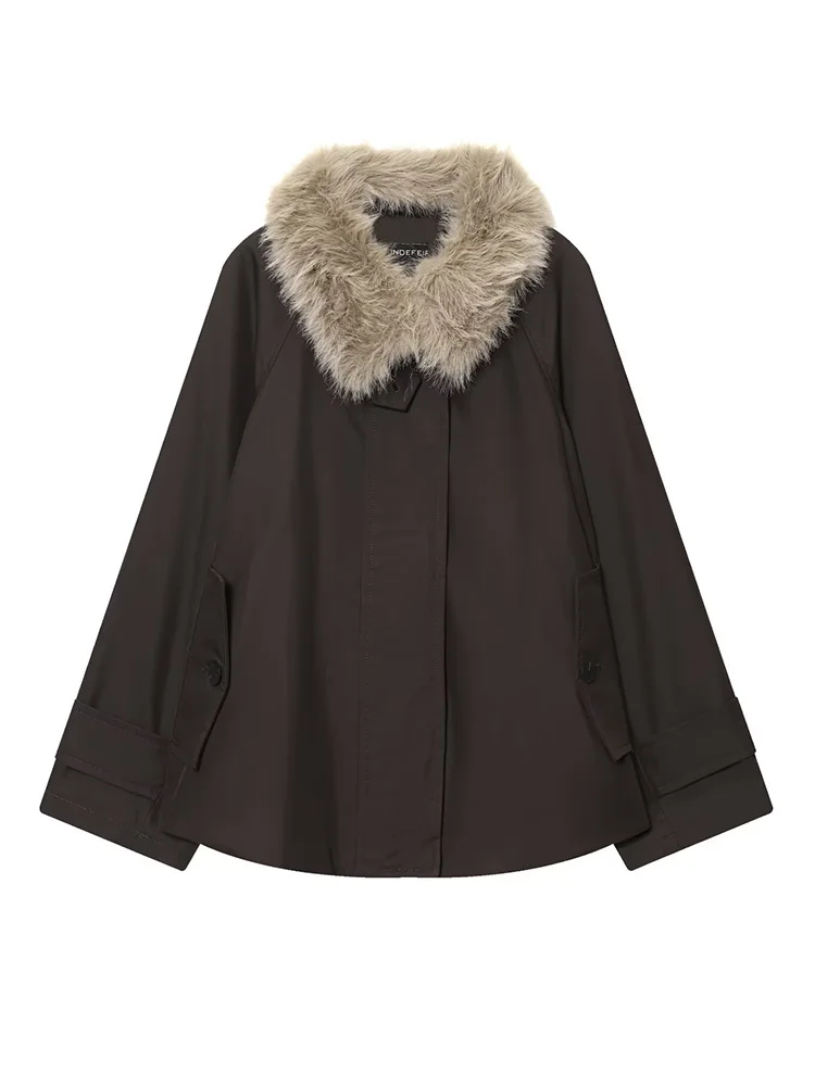 

HH Woman Loose Long Sleeves Pocket Turn-down Collar Fur Collar Decoration Zipper Coat Female Autumn Leisure Button Solid Coat