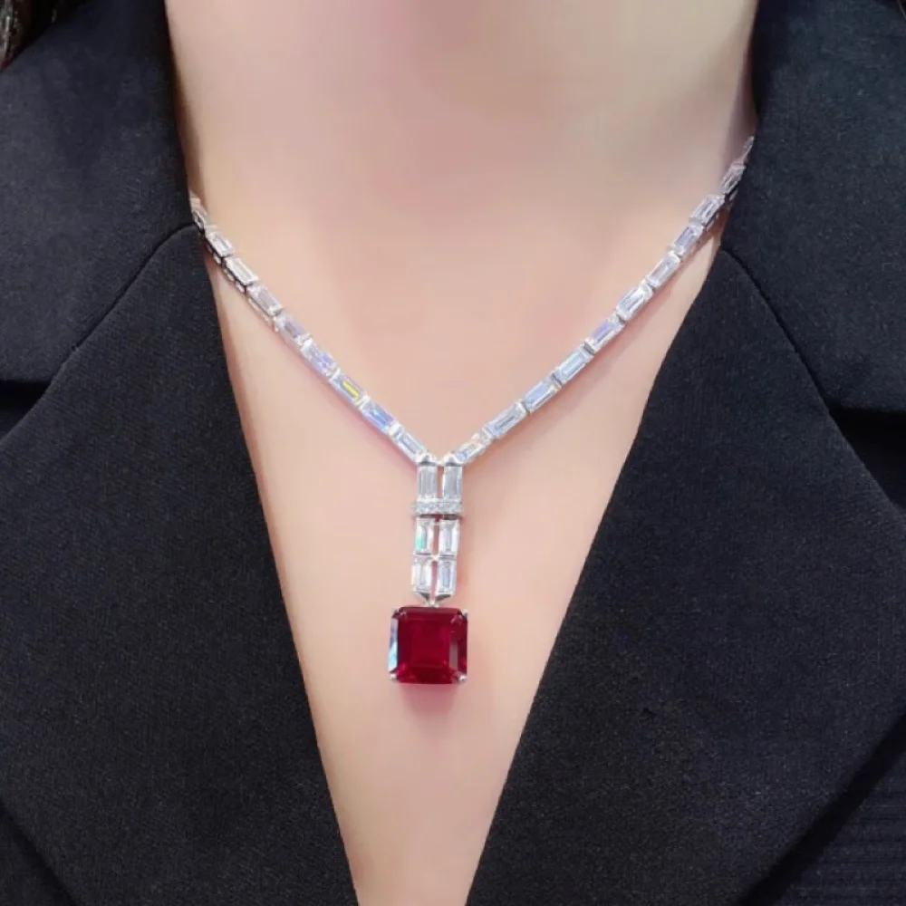 CUMEE. Fashion Brand 925 Sterling Silver Cultivated Pigeon Blood Ruby Red Treasure Set. Silver Gold-plated Necklace