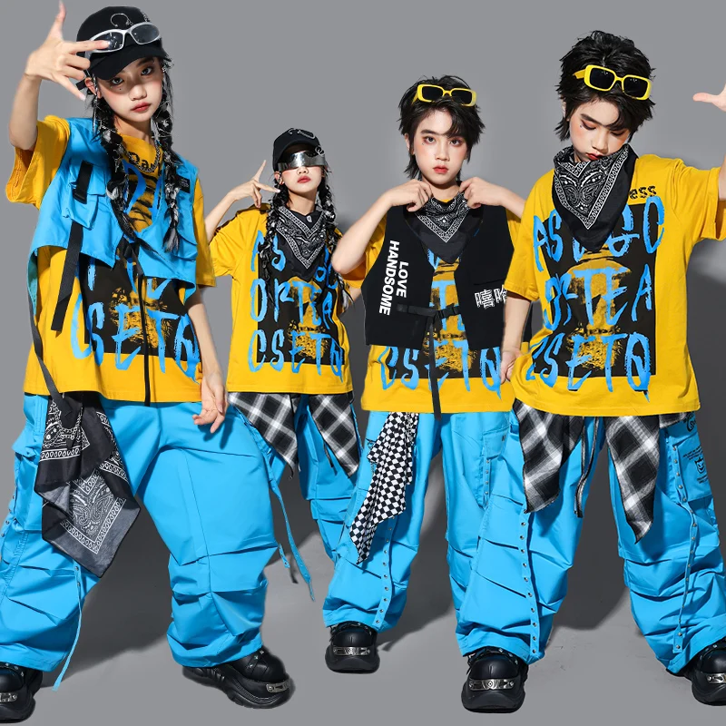 Camiseta K-pop para niños, chaleco, pantalones Cargo, pantalones cortos de Hip Hop para niñas, disfraz, ropa de calle para niños, conjuntos de ropa de baile callejero de Jazz para niños