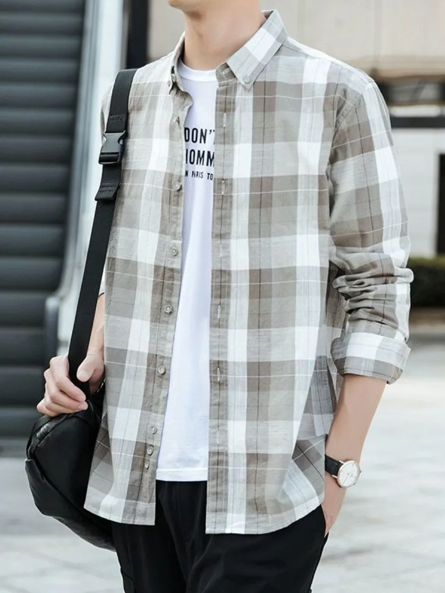 

Retro Plaid Cotton Long Sleeve Shirt Men's Slim Fit Casual Style Spring City Walk Loose Shirt Collar Inner Wear for Youth