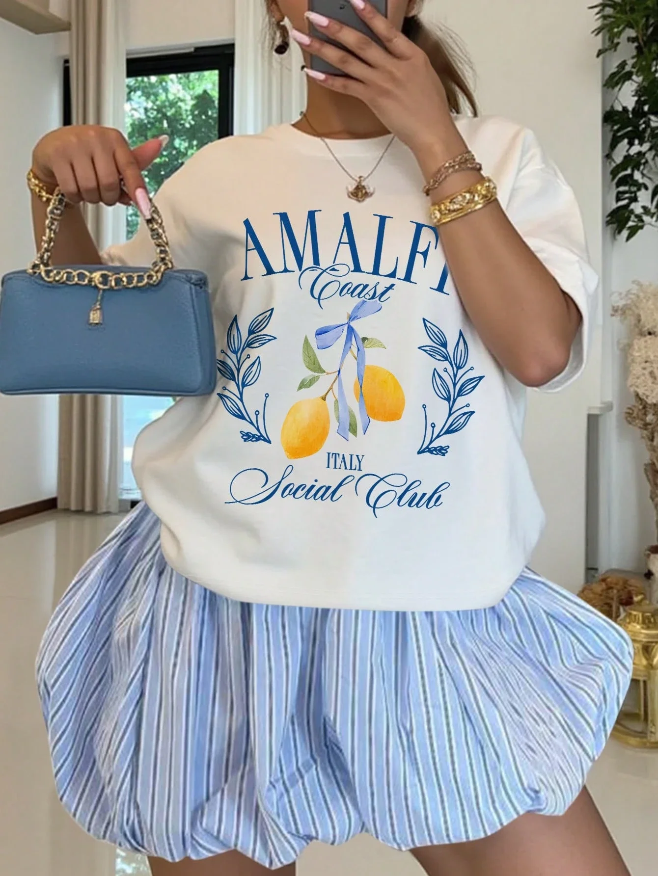 

Amalfi Coast Lemon Print T-Shirt And Striped Puff Shorts Two Piece Set