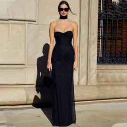 Elegant See Through Bright Silk Sparkling Chest Wrapping Sleeveless Backless Club Evening Party Sexy Maxi Dresses for Women