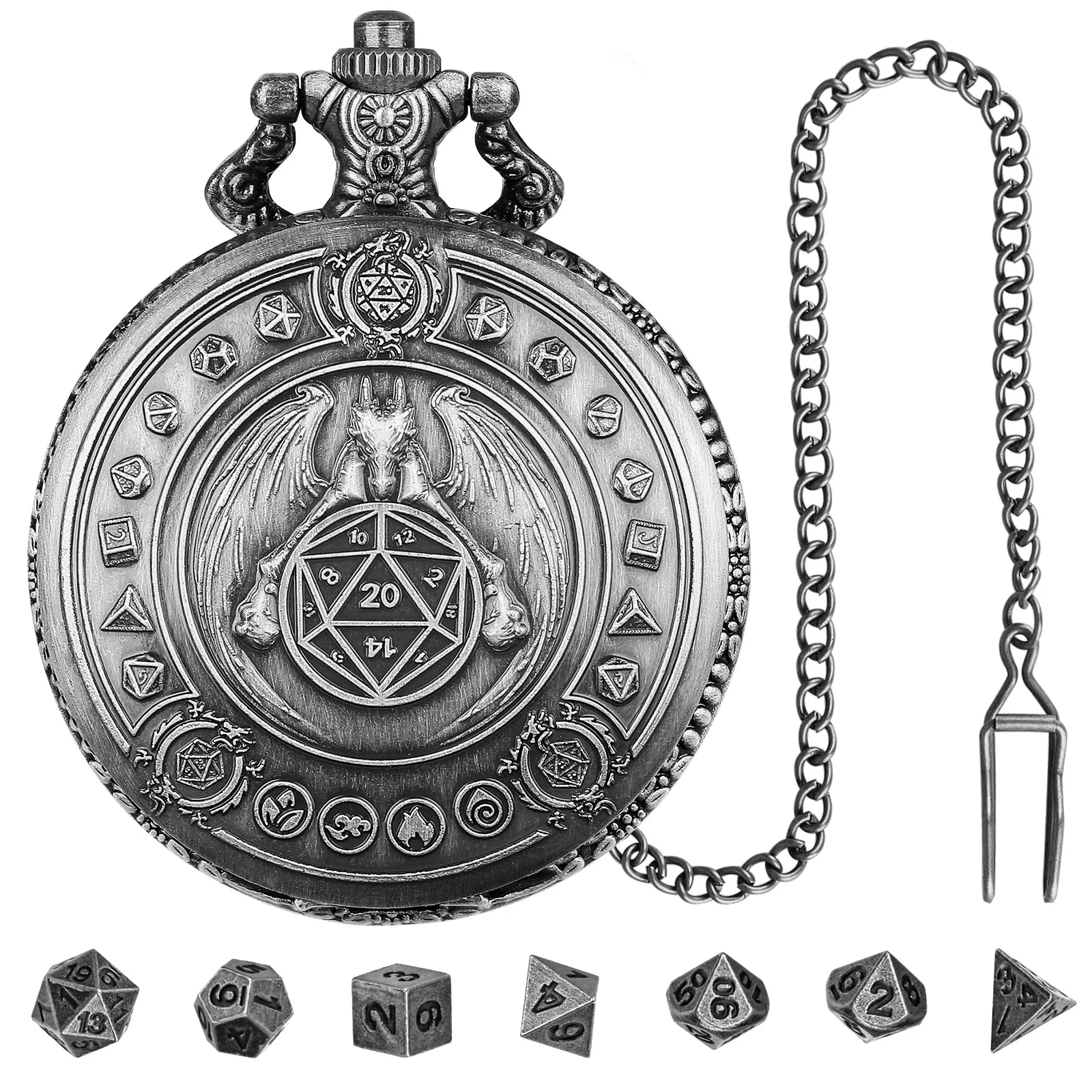 

Dragon Hugging Dice Box Pocket Watch Case dice DND Games Dice RPG Player Retro Flying Dragon Pocket Watch box with Waist Chain
