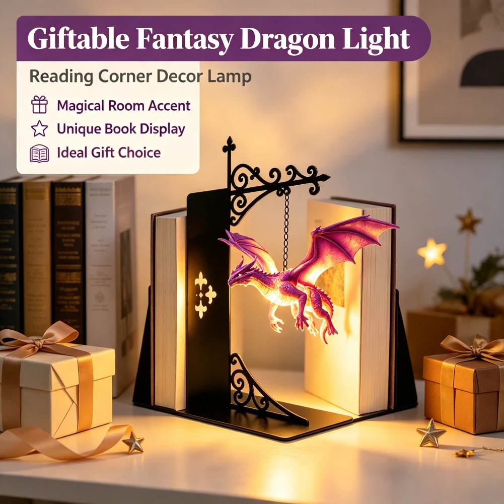 Fantasy Dragon Warm LED Bookshelf Night Light Reading Corner Shelf Lamp Metal Decor Creative Bookends Light