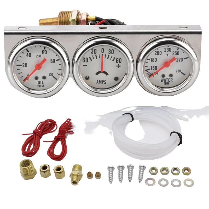 2Inch 52Mm Universal 12V DC Car Triple Gauge Kit Psi Oil Pressure Gauge Fahrenheit Water Temp Gauge Ammeter Gauge Set