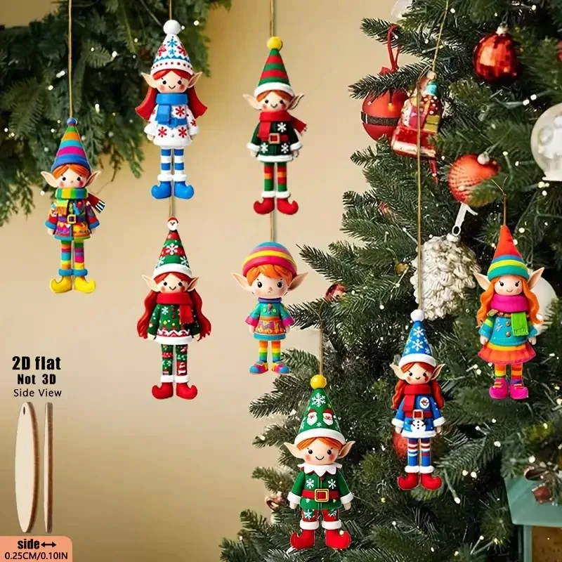 32/8Pcs Cartoon Elves Christmas Wooden Pendants 2D Angel Xmas Hanging Ornaments 2025 Christmas Home Decoration DIY Gift Labels