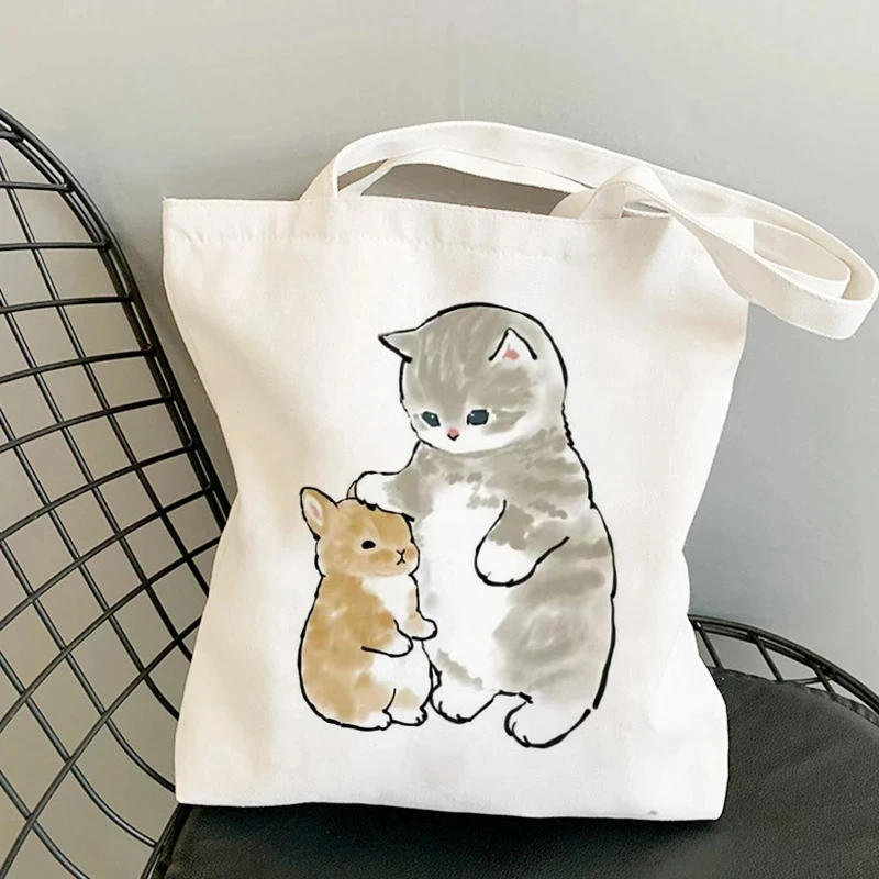 Cute Cat Canvas Shopping Bags Casual Ladies Shopping Bags Large Capacity Printing Women Tote Shoulder Bags Girls School Bags