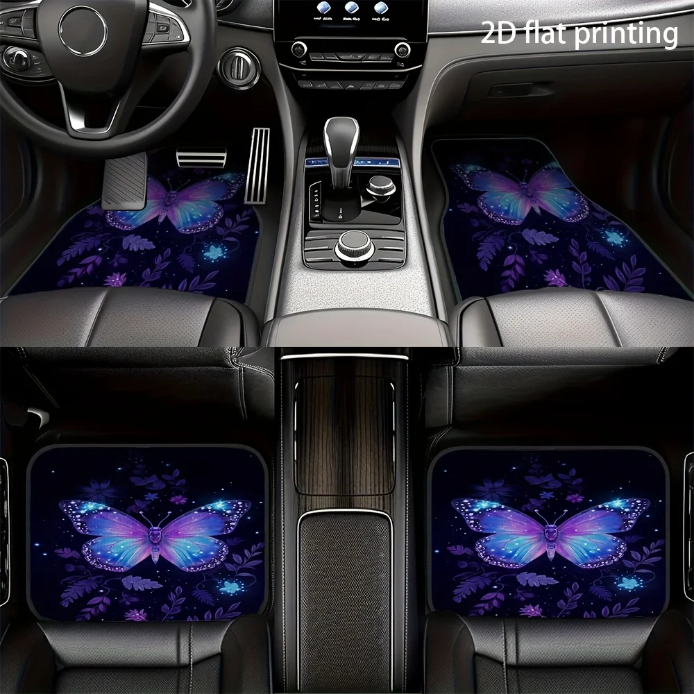 4pcs Car Floor Mats, Dreamy Purple Butterfly Glow Pattern, Material, Universal Car Mats, Car Decorative Accessories, Car Interio