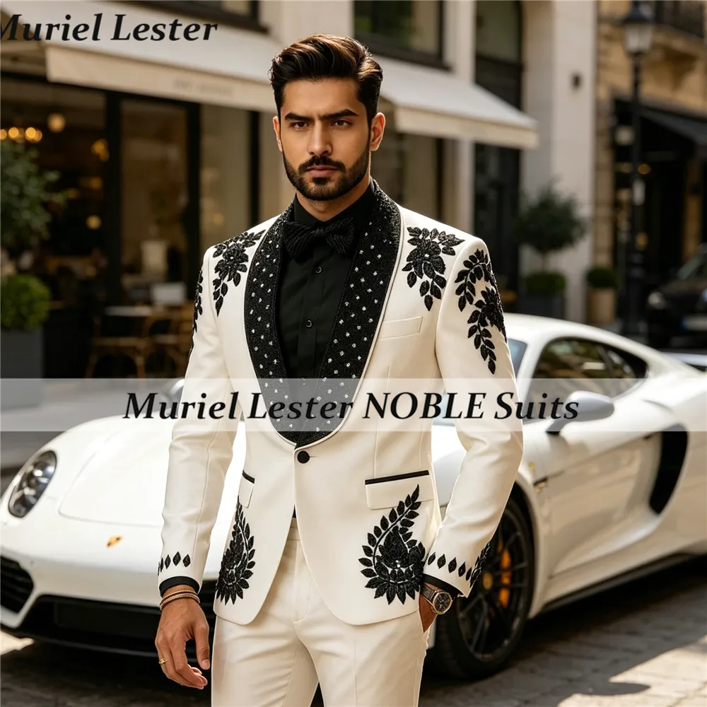 Exclusive Beaded Stones Suit Men For Wedding Black Shawl Label Prom Blazer Customized 2 Piece Sets Groom Tuxedos Male Outfits