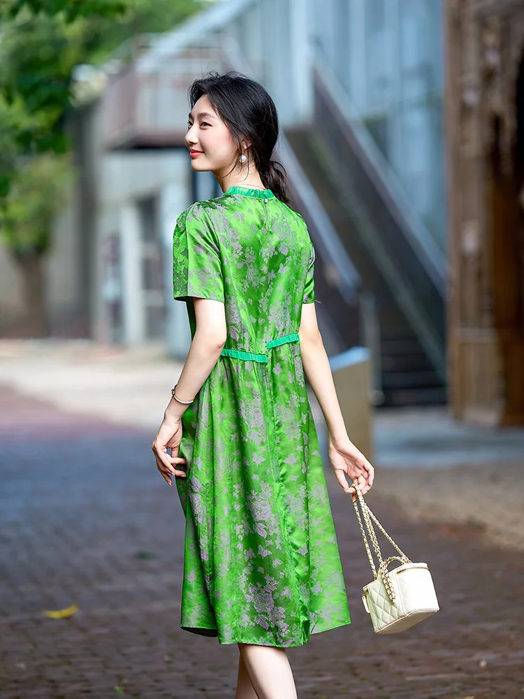 Winsleter-여성 45% 실크 55% 레이온 우아한 드레스, O 넥 반소매 자카드, 복고풍 기질 드레스, 2025 여름 D57169CC