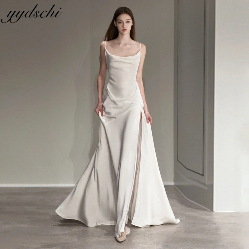 

Customized Elegant Satin Backless ALine Strap High Slit Sexy Evening Dresses For Women Sweep Train 2026 Prom Dresses Party Dress