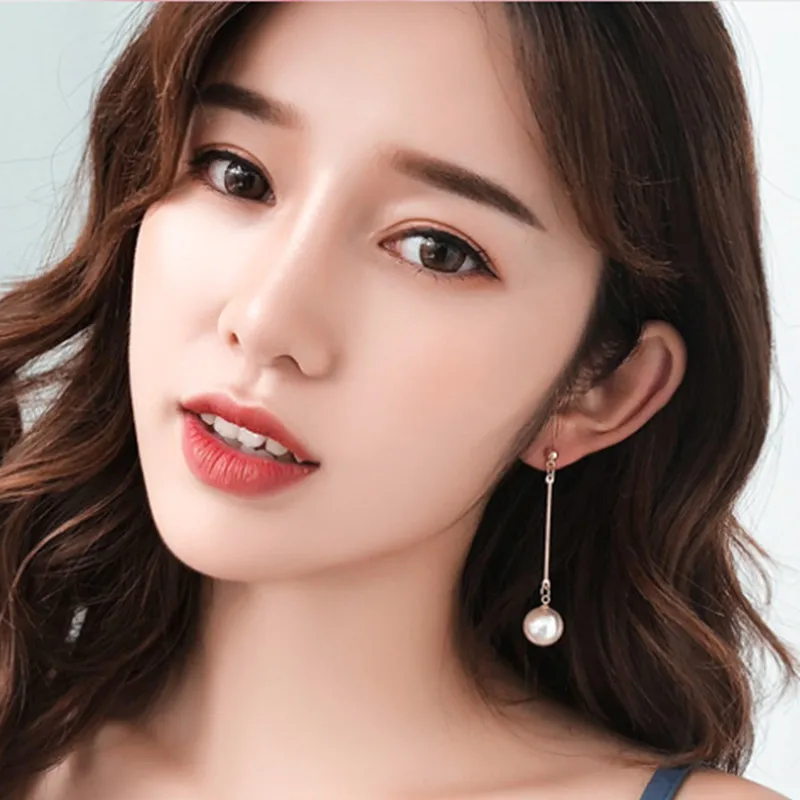 2023 New Simple Women's Korean Edition Simulated Pearl Pendant Pendant Ball Needle Long Earrings