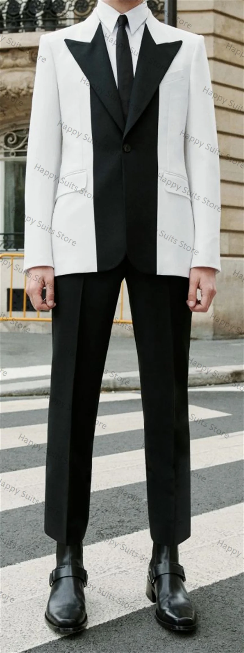 Splicing Colors Men Suit 2 Piece Blazer+Pants White Black Formal Office Jacket Coat Wedding Groom Tuxedo Customized Trousers