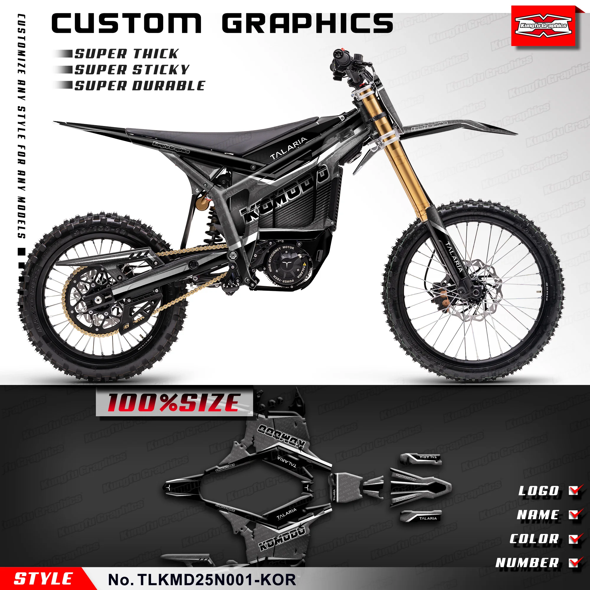 

KUNGFU GRAPHICS Custom Stickers Decal Kit Durable Vinyl for TALARIA KOMODO Black Grey, Decorative, TLKMD25N001-KOR