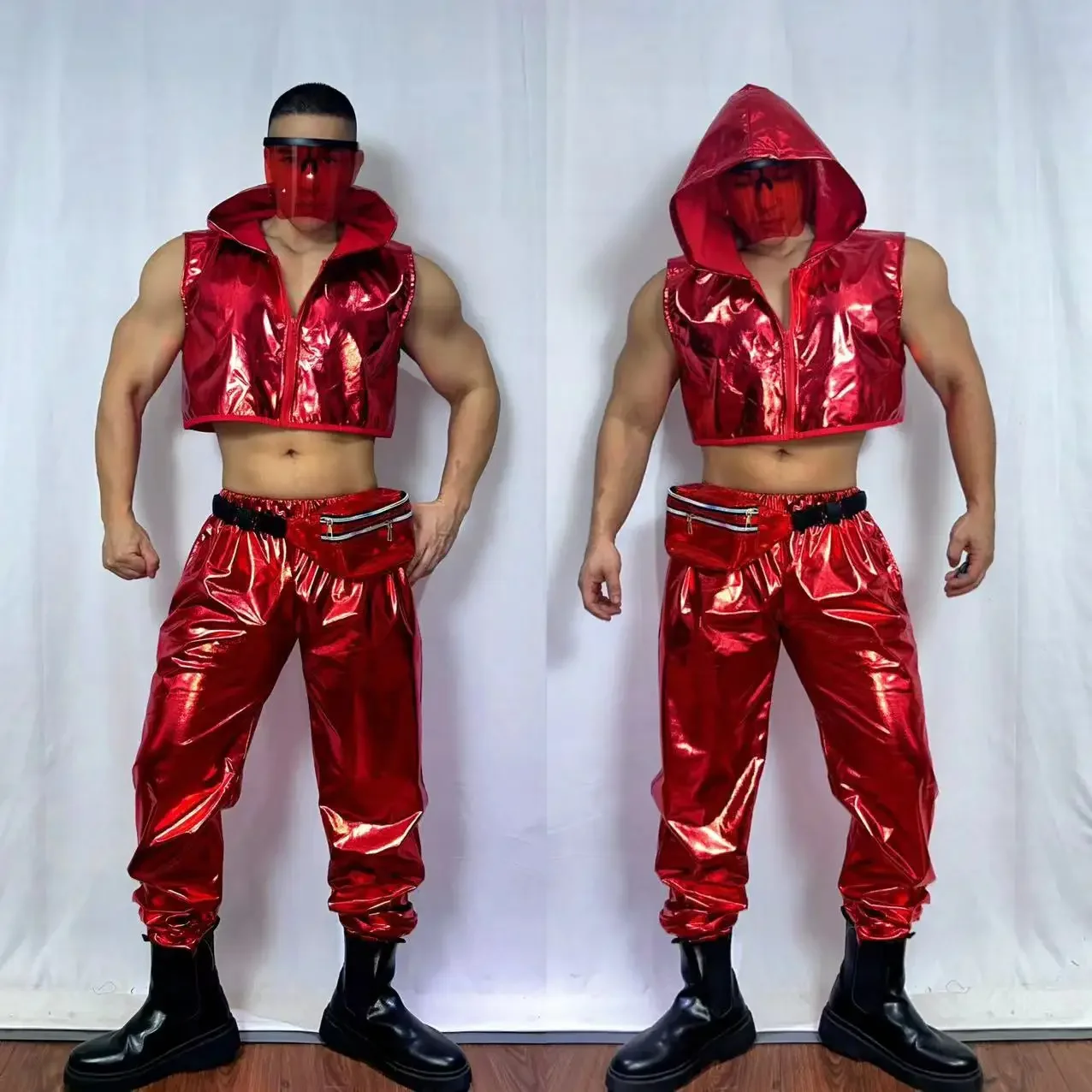 

Red Leather Hooded Vest Pants Nightclub Bar Men Jazz Hip Hop Street Dance Costume Singer Dancer Groups Stage Party Christmas Set