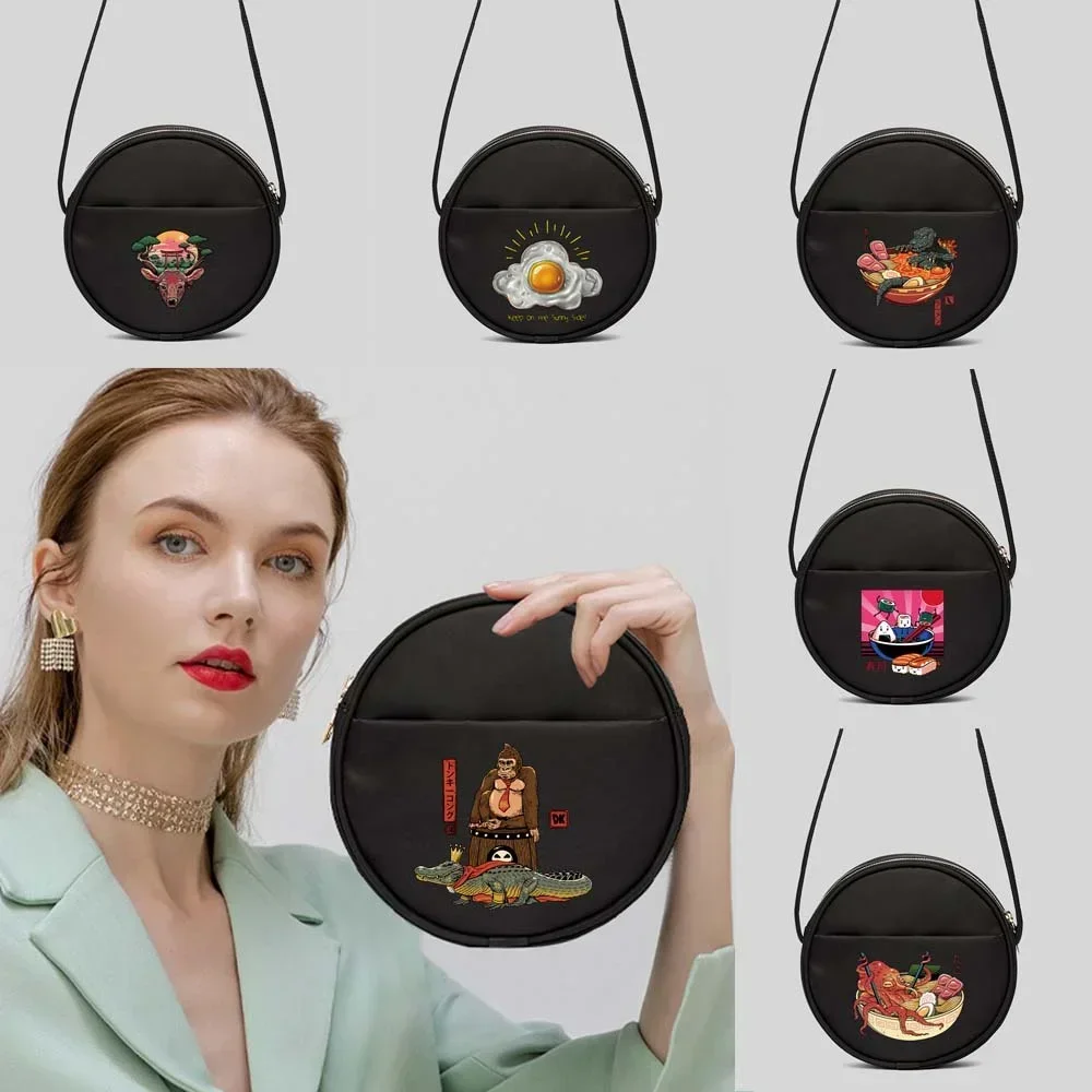 Fashion Women Bag Round Bag Commuting All-match ese Harajuku Pattern Print Diagonal Canvas Black Shopping Shoulder Bag