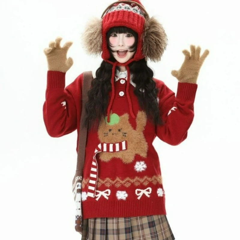 Świąteczny czerwony sweter z dzianiny z nadrukiem kotka dla kobiet, nowy styl jesień/zima 2026, modny, słodki, uroczy, luźny, swobodny top