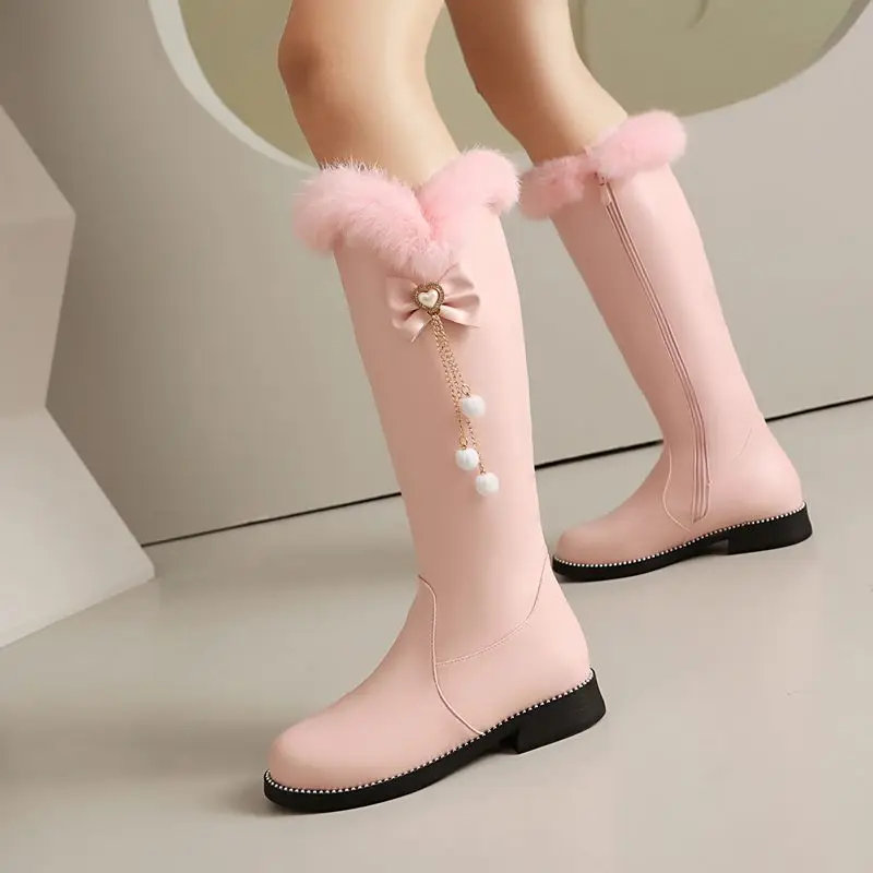 

ORCHA LISA Розовые зимние ботинки Горячие толстые каблуки на молнии с бантом Большой размер 43, зимние теплые сапоги до колена Bota Sweet Girls с круглым носком