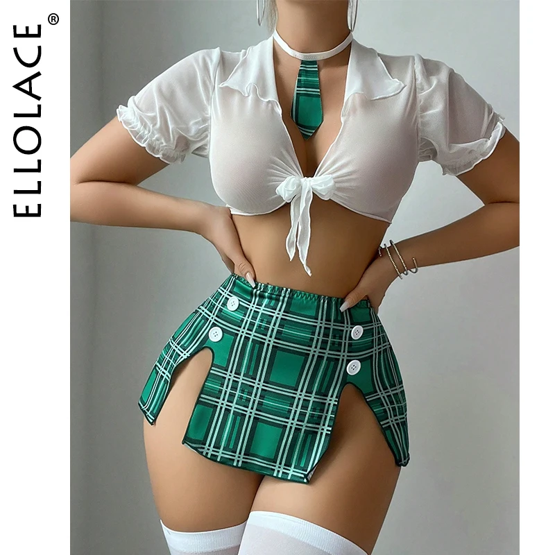 

Ellolace Halloween Cosplay Sexy Girls Hot Student Unitform Top Skirt Panty 3PC with Choker Pure Desire Sexy Women's Outfit