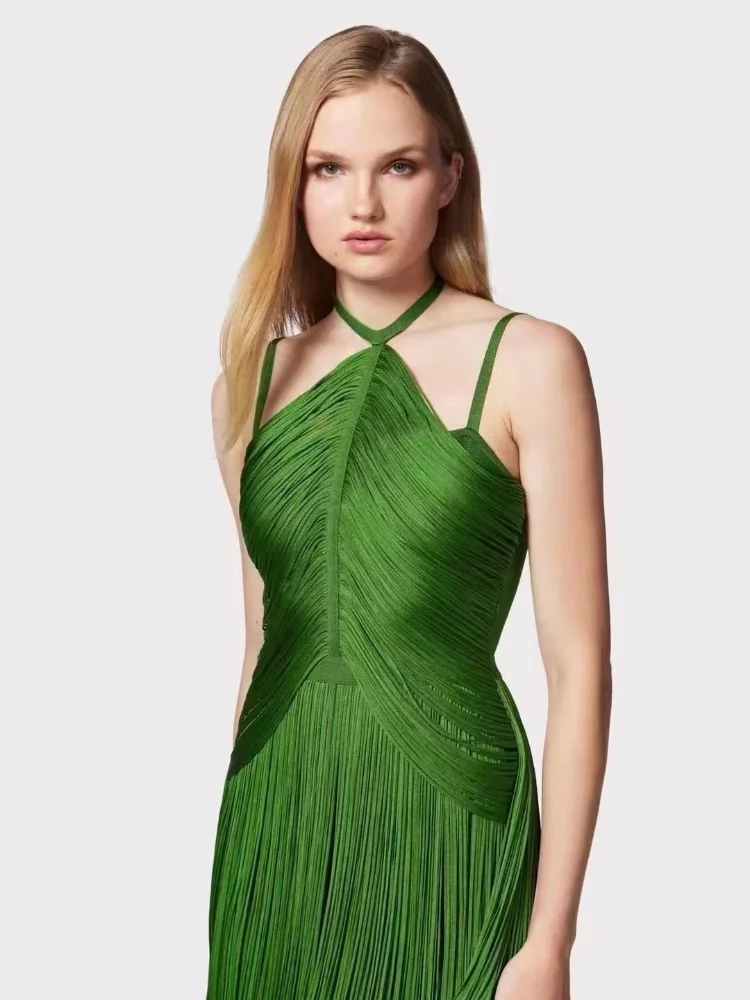 Brand Summer New 2024 INS Celebrity Sexy Tassel Green Bodycon Bandage Dress Elegant High Street Party Evening Maxi Dress