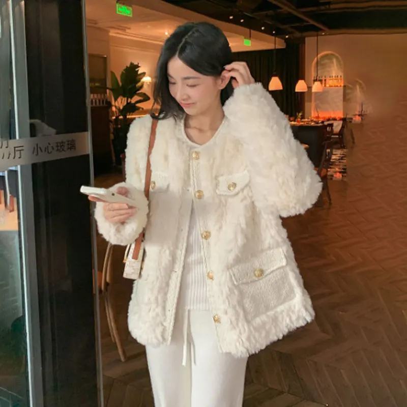 Lamb Wool Coat for Women White Thickened Overcoat Loose Top Mid Length Jacket Plush Joker Autumn and Winter New 2024 For Lady