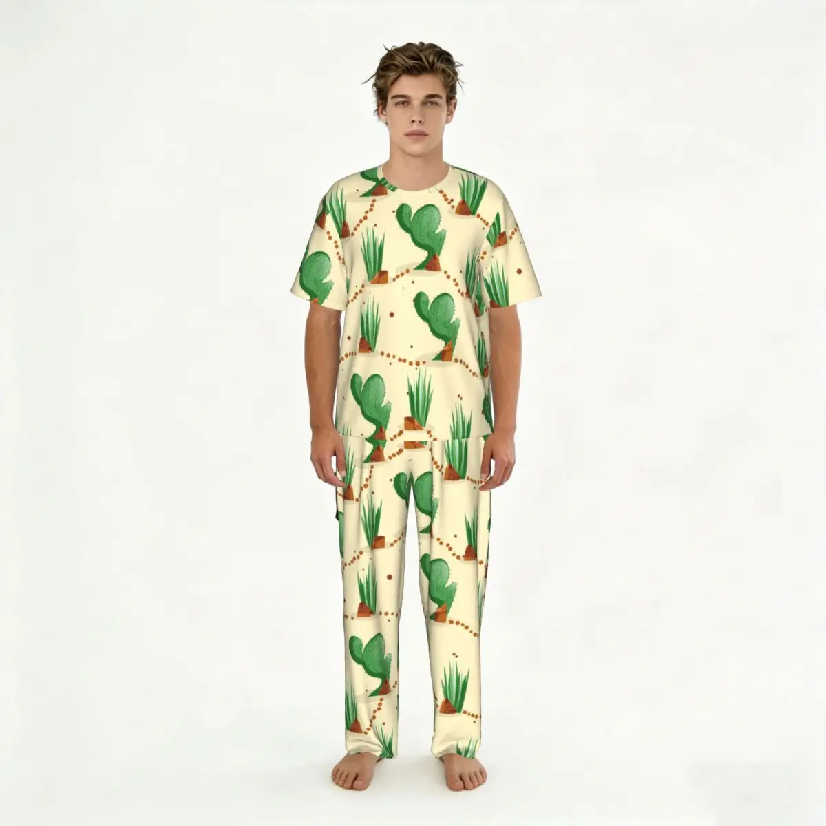 Men's Pajamas Set Summer Short-Sleeve Tops + Long Pants Nightwear Home Wear Suits Cactus With Thorns Sleepwear