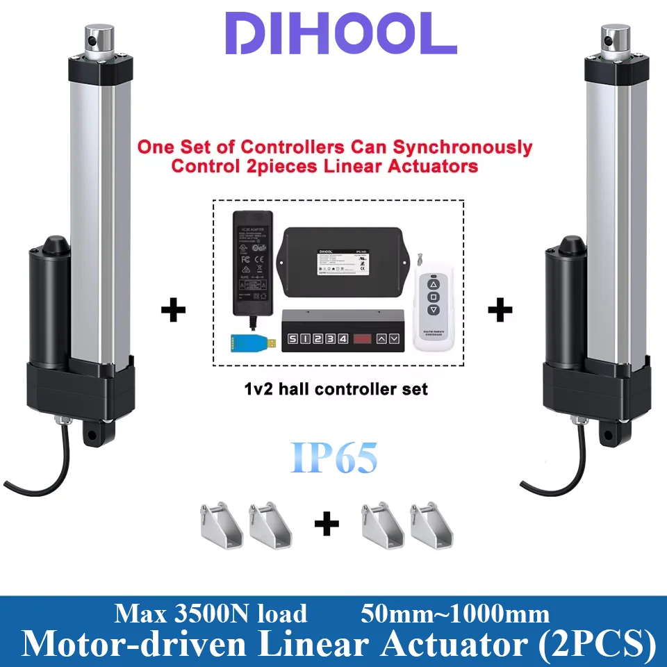 Dihool 2 Pieces Synchronous Linear Actuators 50mm~1000mm Stroke With Hall Controller Set DC24V 150kg~350kg Load 5mms~16mms Speed