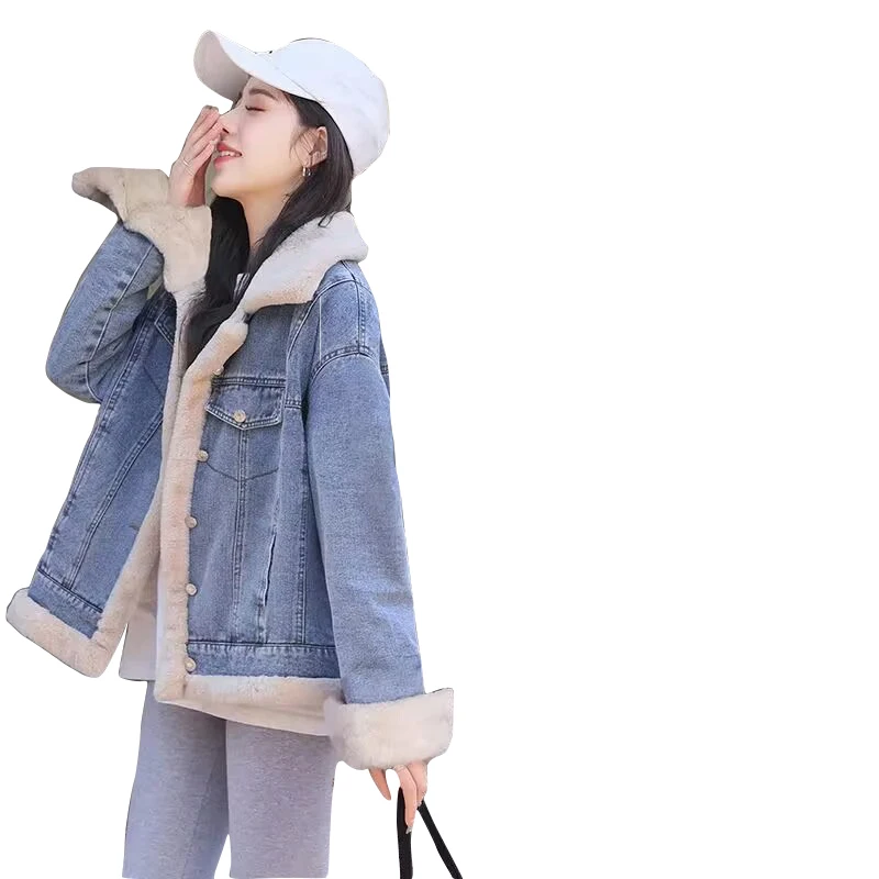 Winter Female Fur Jacket New 2023 Korean Fashion Women Bomber Jacket Wool Lining denim jacket for women Warm Jeans Coat Female